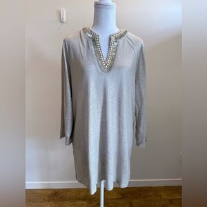 Chico's Metallic Beaded V-Neck Tunic 100% Linen size XL Lagenlook Artsy Boho